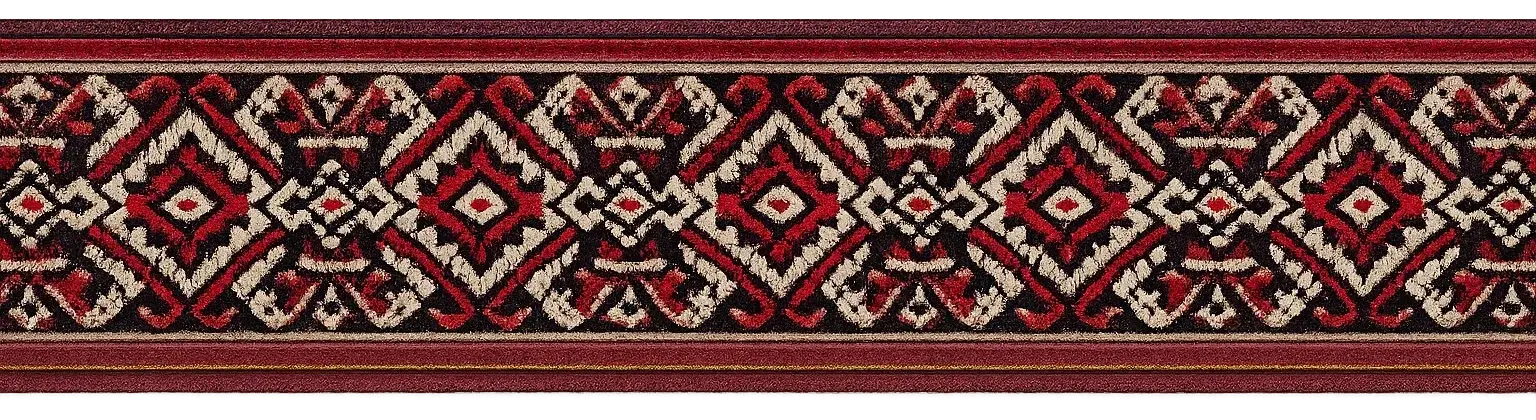 A watercolour of a woven dhaka band in red, black and white, the pattern counted thread by thread