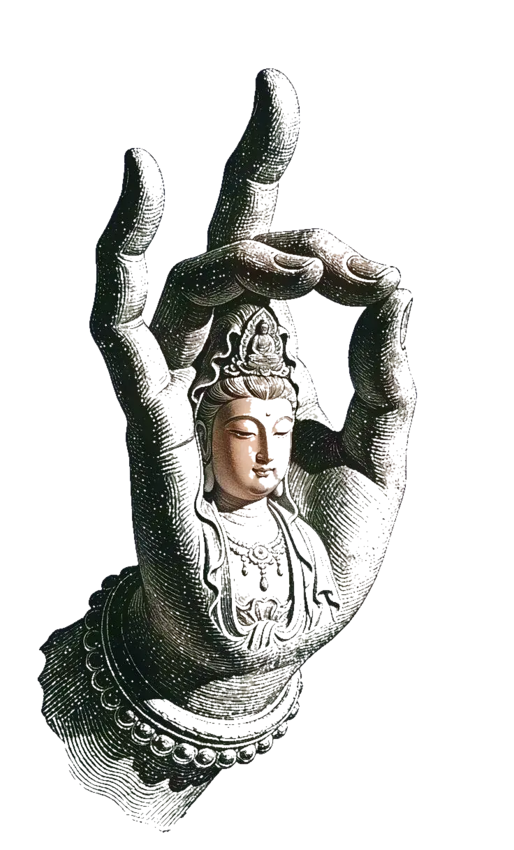 A serene figure cradled within a hand forming a mudra, a fine ink engraving of stillness and craft