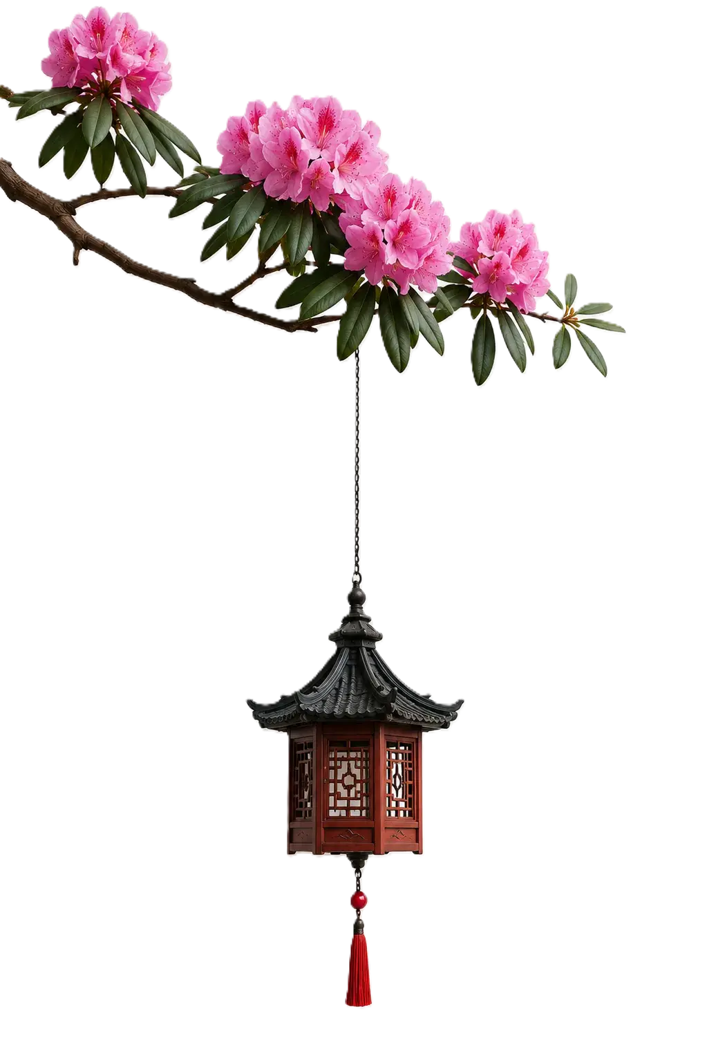 A laligurans branch in bloom with a small wooden pagoda lantern hanging from it