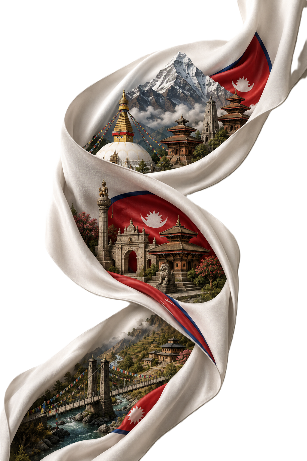 A white silk ribbon flowing like a river, carrying scenes of Nepal — stupas, temples, mountains, and bridges