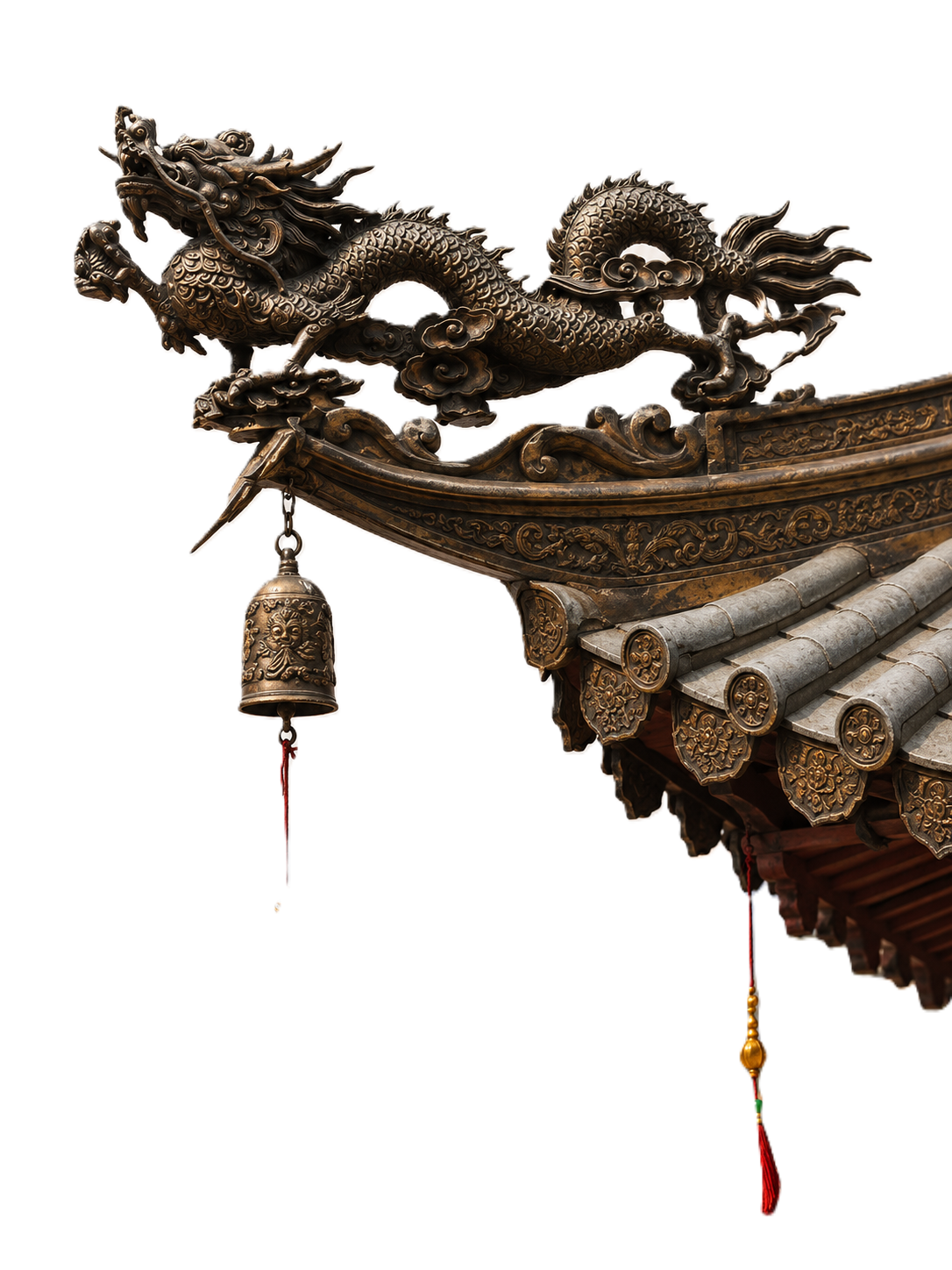 A bronze dragon and prayer bell on a carved temple roof, with snow peaks and Kathmandu's temples behind