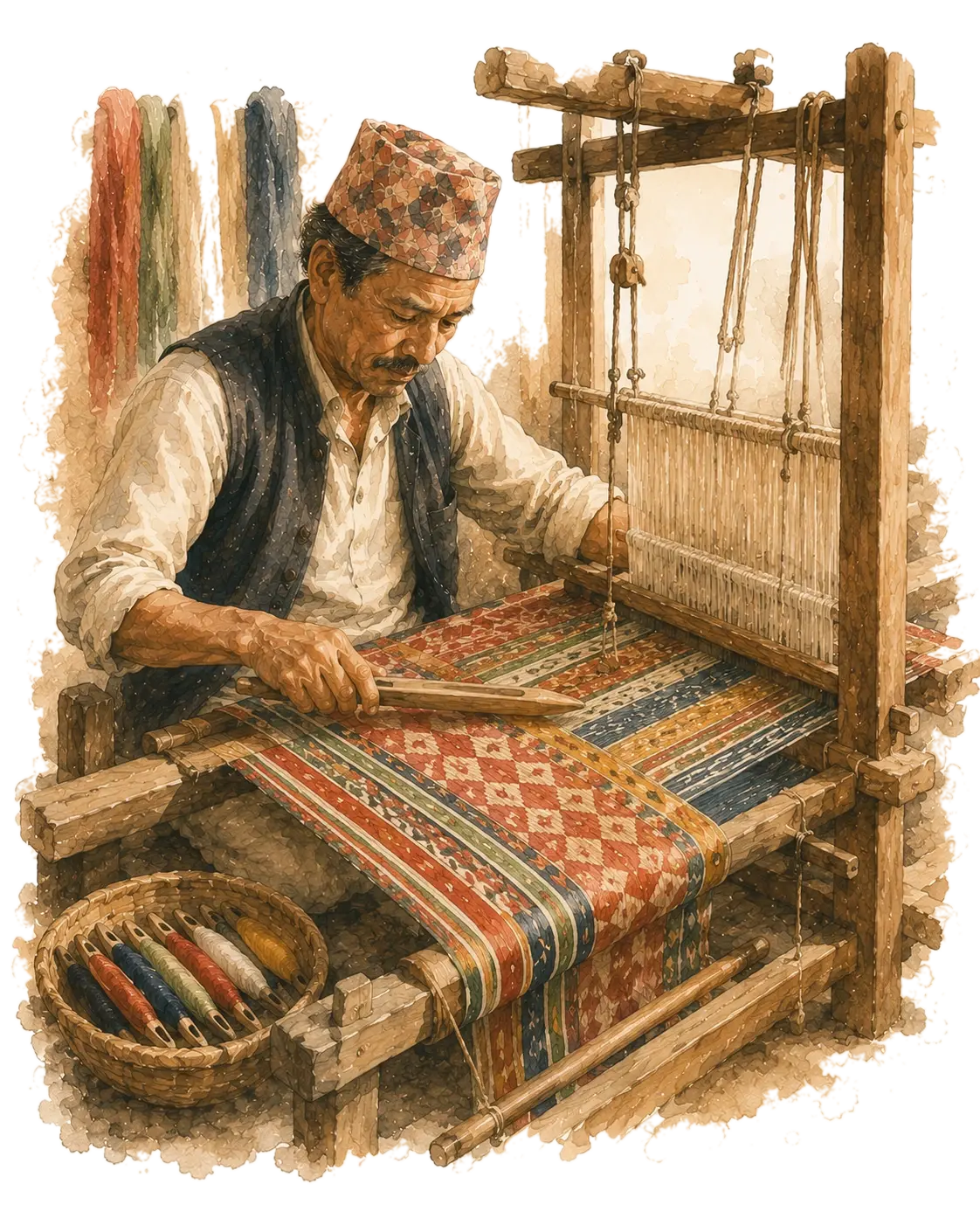 A watercolour of a Nepali weaver at a wooden loom working a dhaka textile