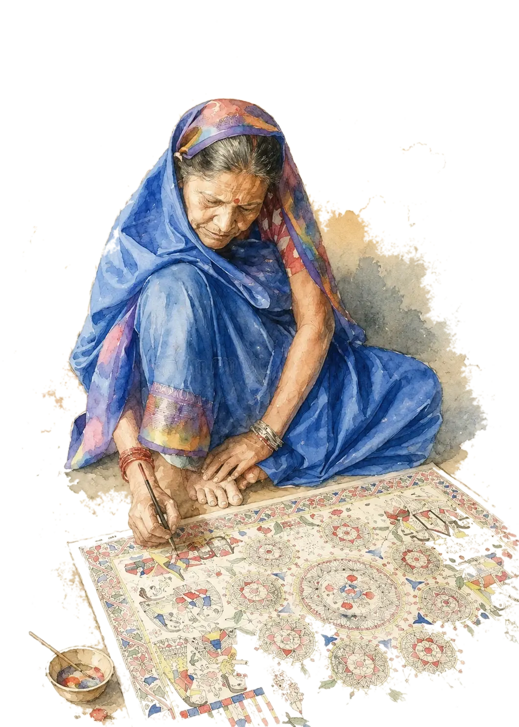 A watercolour of a woman painting traditional Mithila folk art