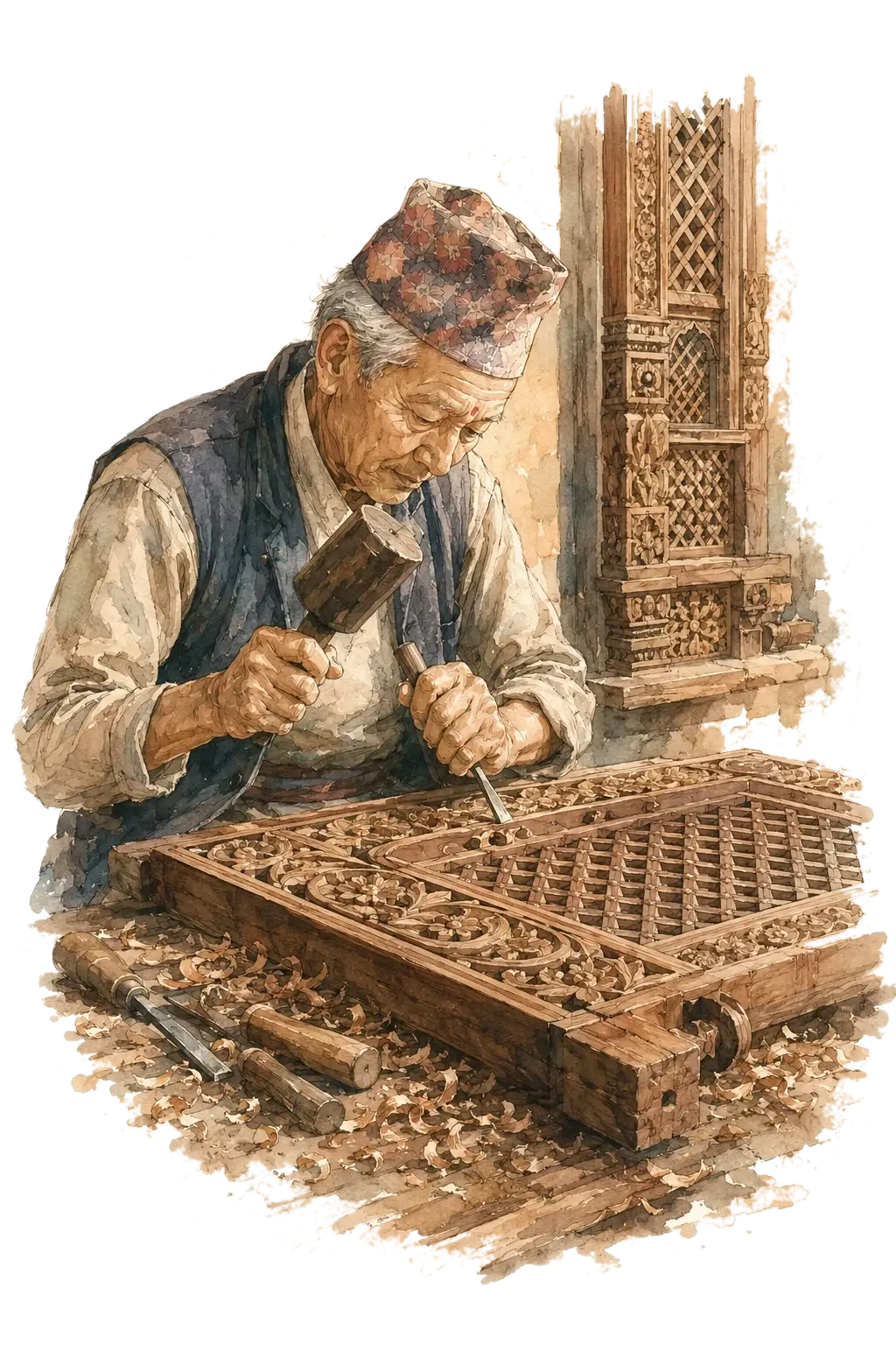 A watercolour of a Newari woodcarver chiselling an intricate lattice window