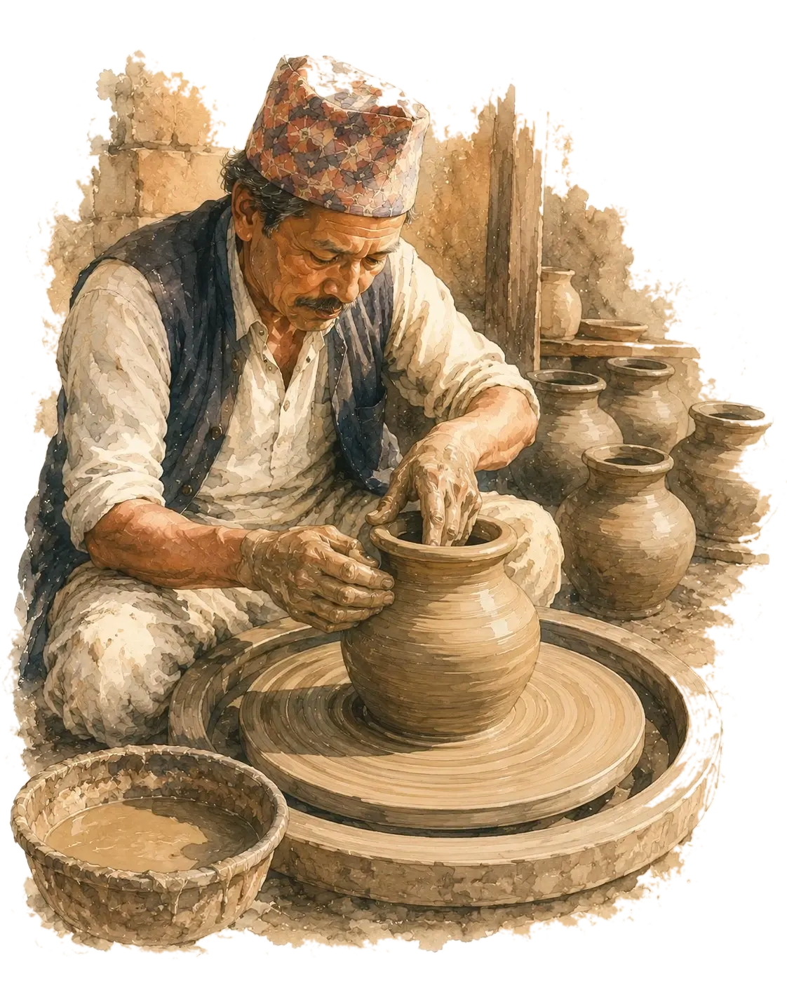 A watercolour of a Nepali potter shaping a clay pot on the wheel