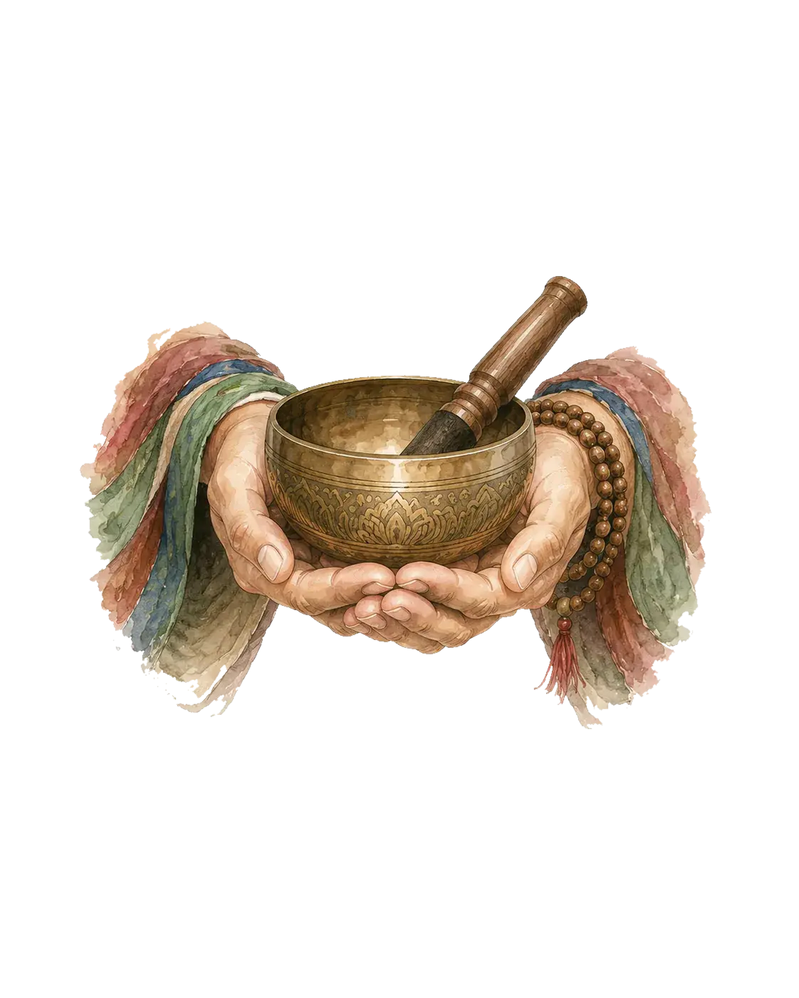 A brass singing bowl and mala beads held in cupped hands