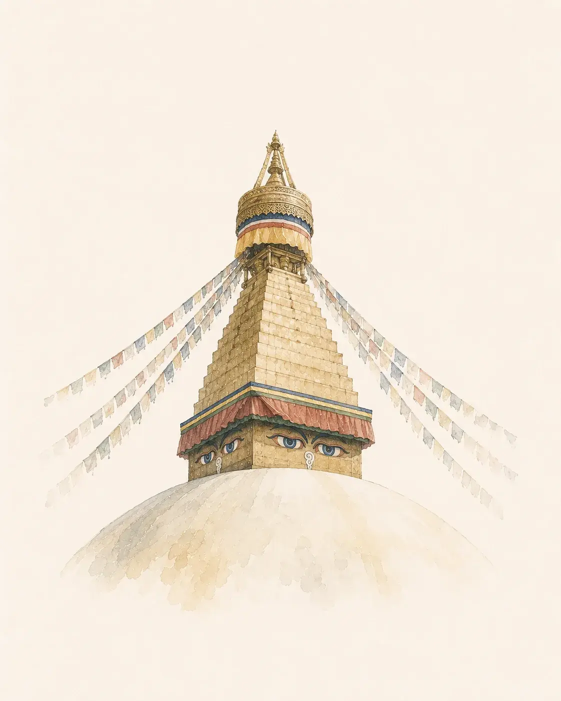 The painted eyes of Boudhanath stupa beneath prayer flags