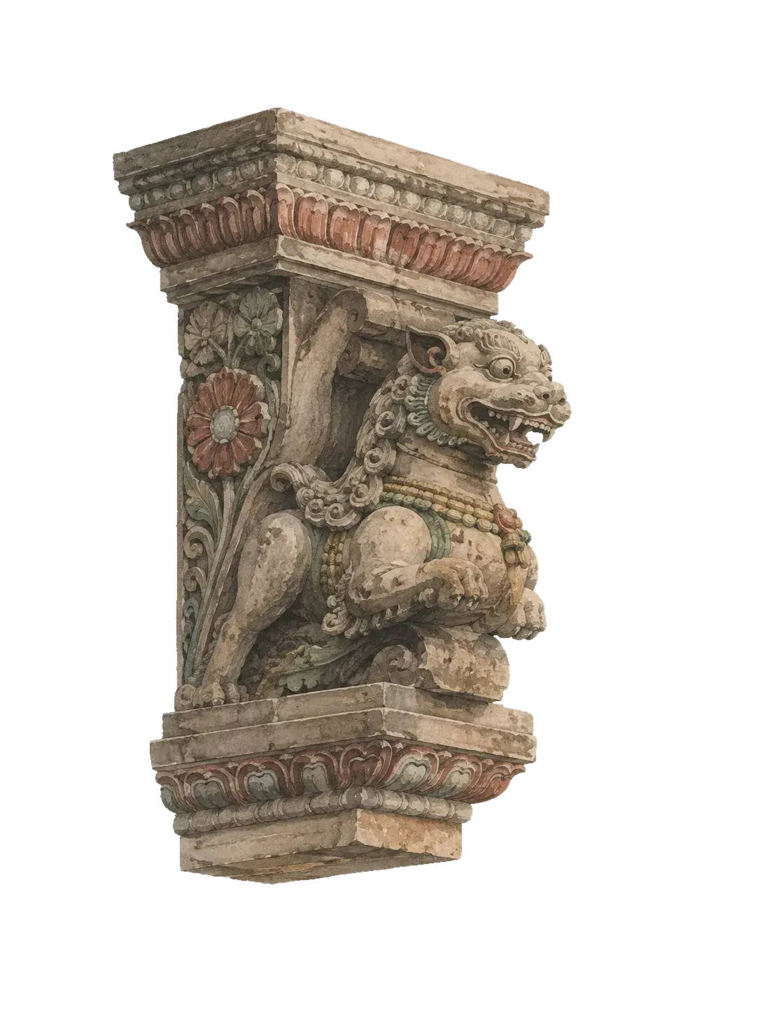 A carved stone temple corbel, a guardian lion bracket