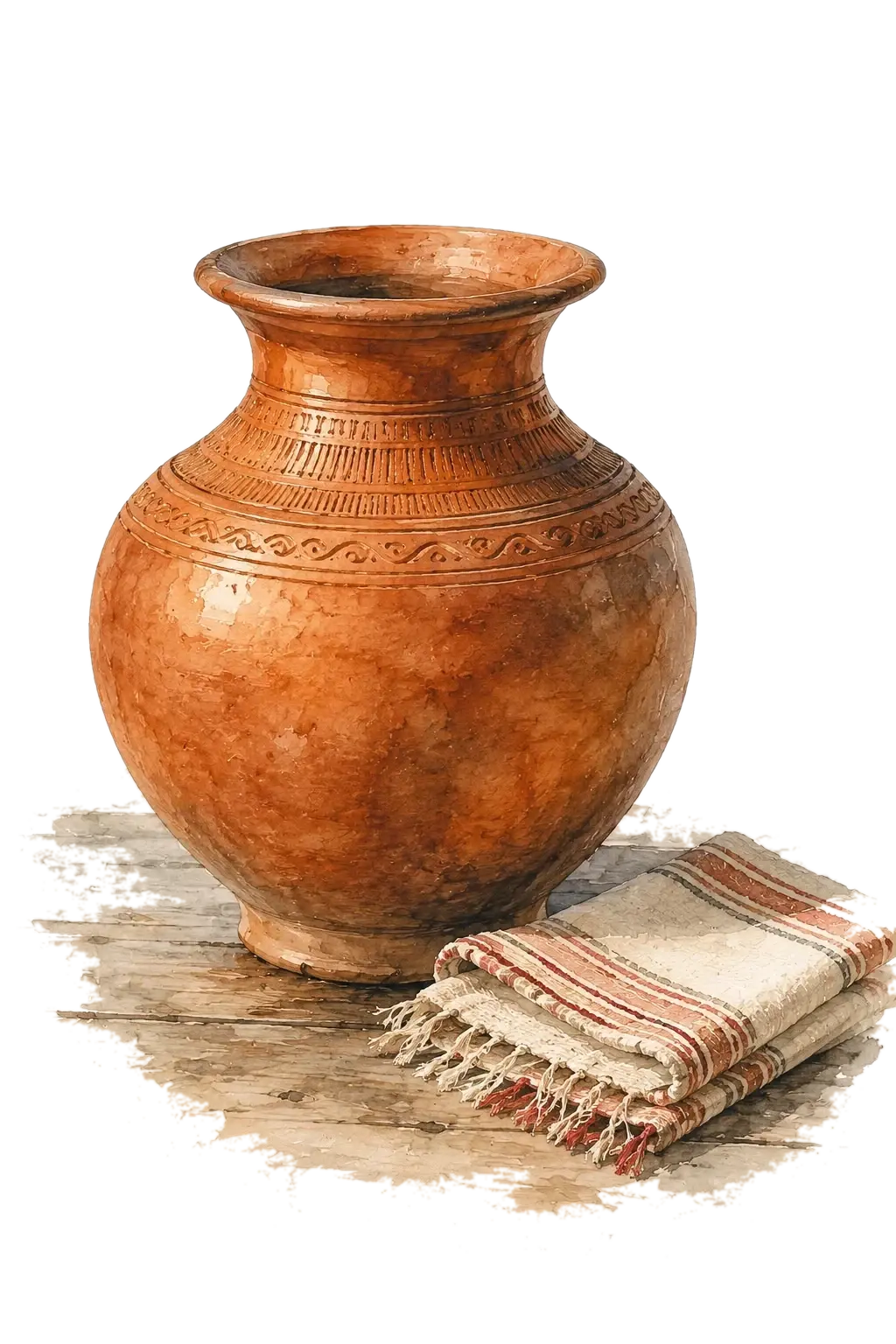 A watercolour of a terracotta water pot beside folded dhaka cloth