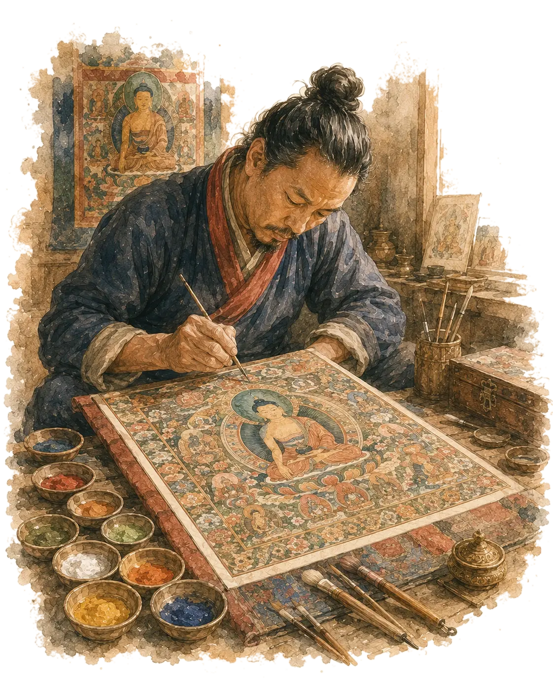 A watercolour of a Nepali thangka painter working on a Buddhist scroll