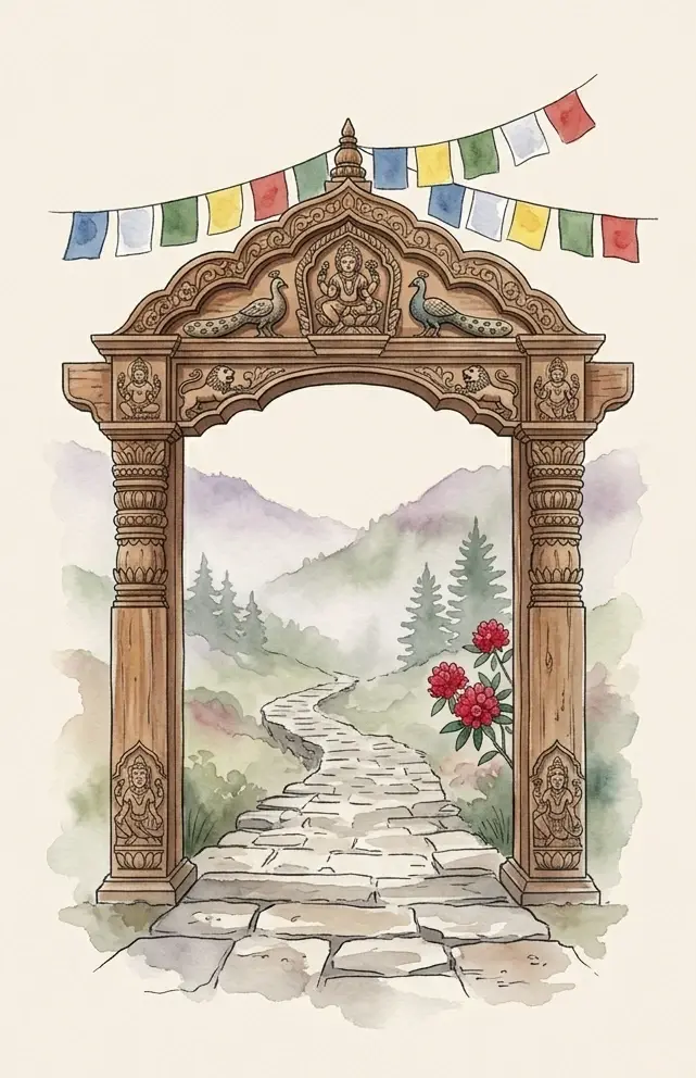 A carved wooden Nepali torana gateway opening onto a stone footpath that winds into the misty hills, strung with prayer flags